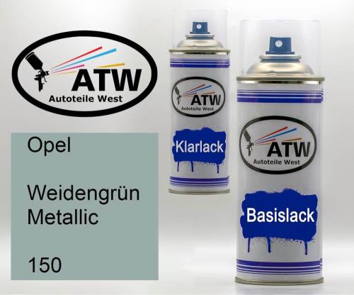 Opel, Weidengrün Metallic, 150: 400ml Sprühdose + 400ml Klarlack - Set, von ATW Autoteile West.